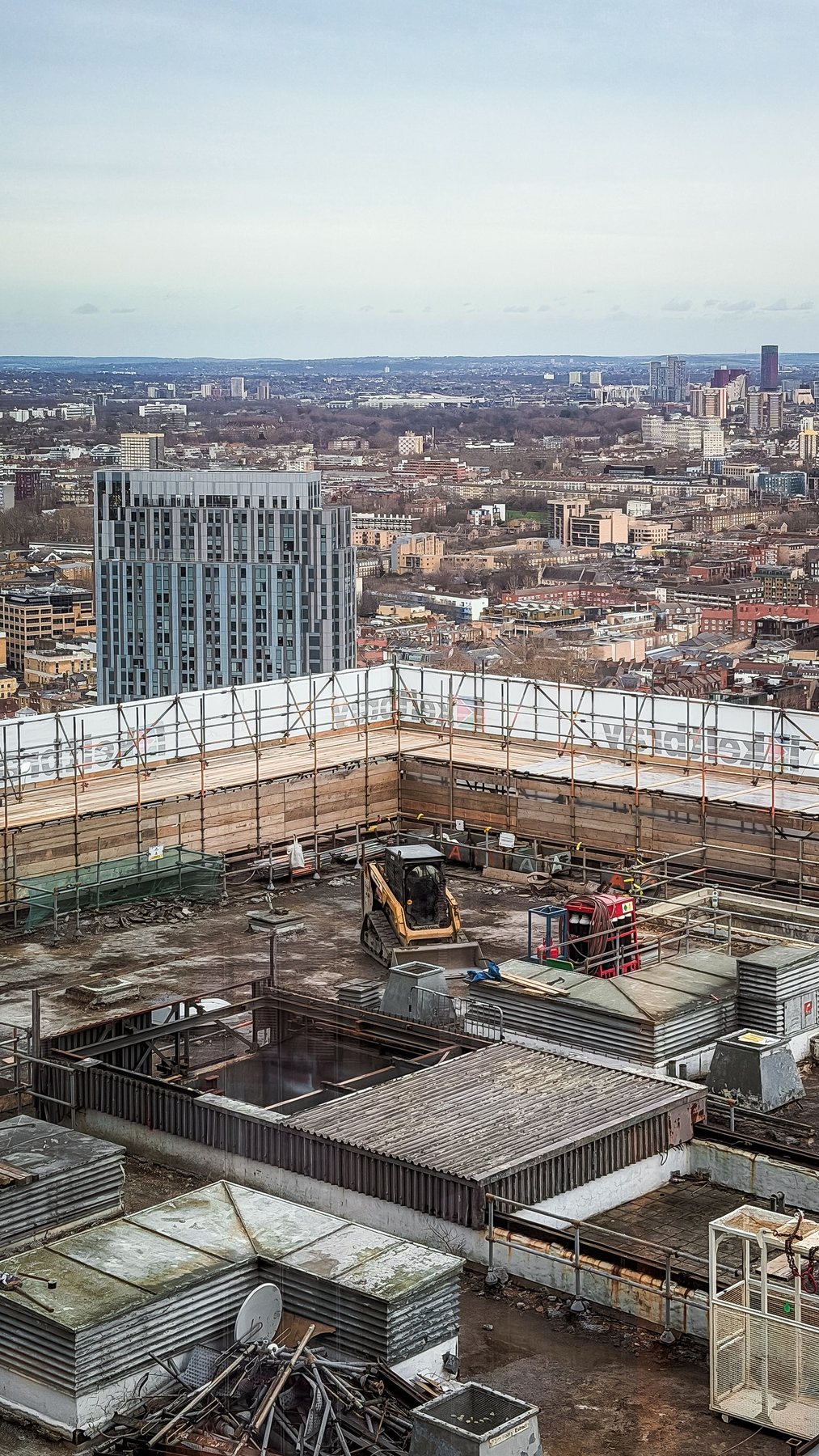Aerial view of a rooftop construction site in London